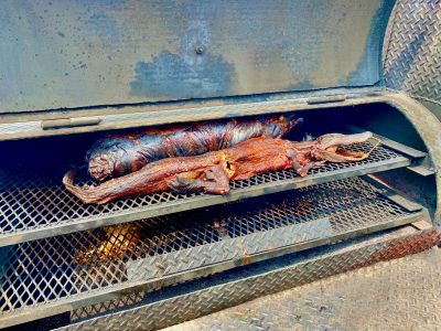 FS-0065
**2021 Photo Contest Winner: Food & Consumer Safety Category**
Photo Date: July 29 2021
Photo Credit: Brandon Perkins 
Description: Alligator and wild boar on the grille from an approved source.
