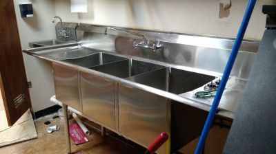 FS-0011b
Photo Date: 02/27/2015
Photo Credit: JoAnn Xiong-Mercado
Description: Recheck inspection for the missing plumbing for hand sink.  They installed the 3-bay sink, but took out the mop sink.  A mop sink is a required piece of equipment for a food establishment.
