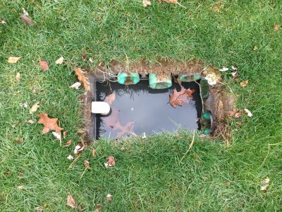 OWS-0025
Photo Date:	11/30/2015
Photo Credit:	Jason Ravenscroft
Description:	Distribution box dug up during system inspection.  D-box lid at grade.

