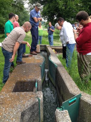 WW-0016
Photo Date: 2018
Photo Credit: Jennifer Heller
Description: This shows the wastewater from the town & abbey of St. Meinrad traveling through the viaduct to the wastewater holding pond--it's maybe the same age as the abbey, founded in 1854. 
